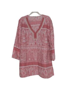 Charter Club Luxury Linen Beaded Tunic Womens Size Large Pink 3/4 Sleeves Shirt